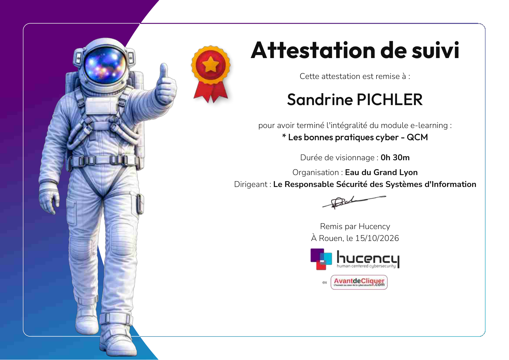 Certificate of completion for * Les bonnes pratiques cyber - QCM